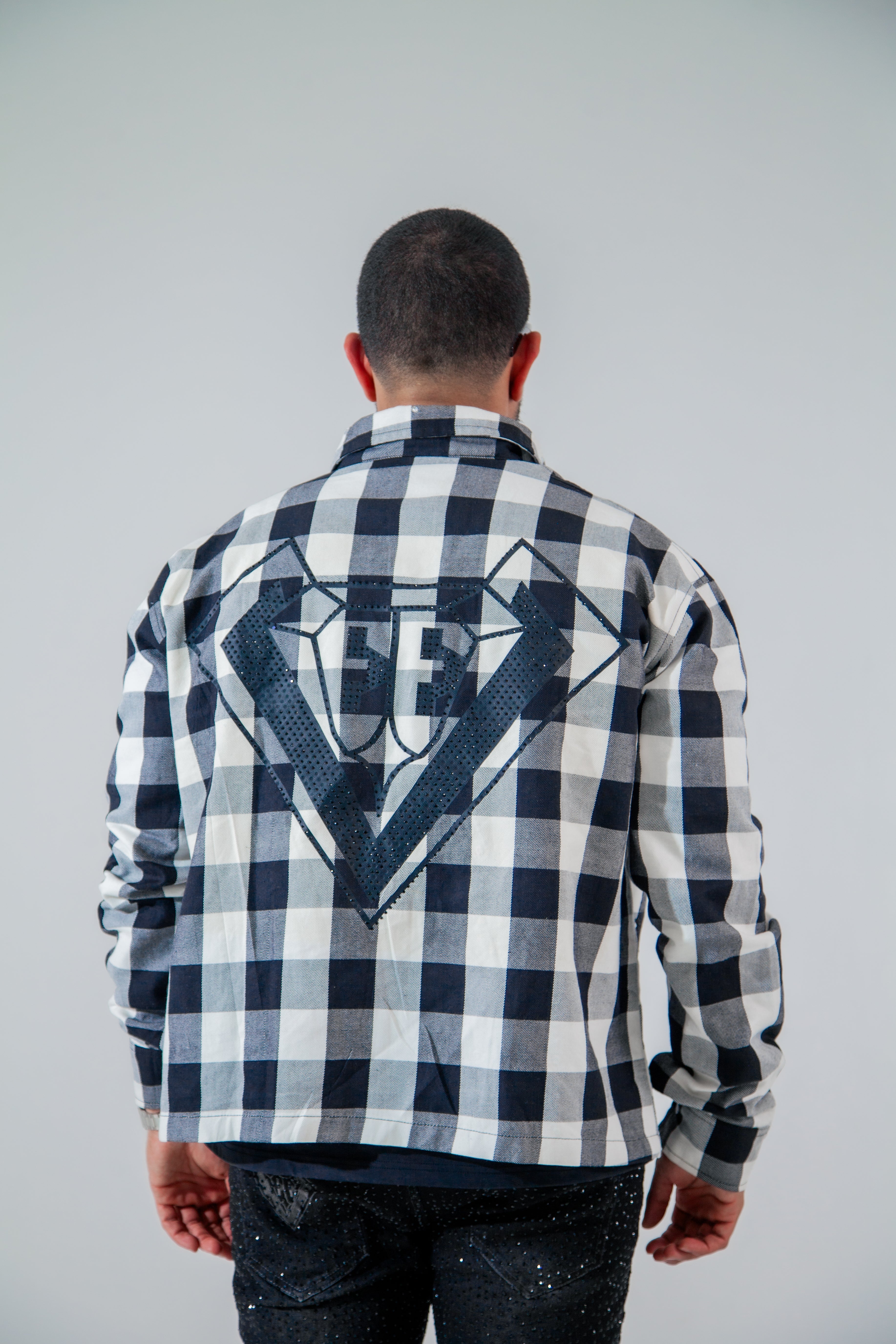 VEELUX Men’s Luxury Rhinestone Flannel Shirt – Black & White Plaid